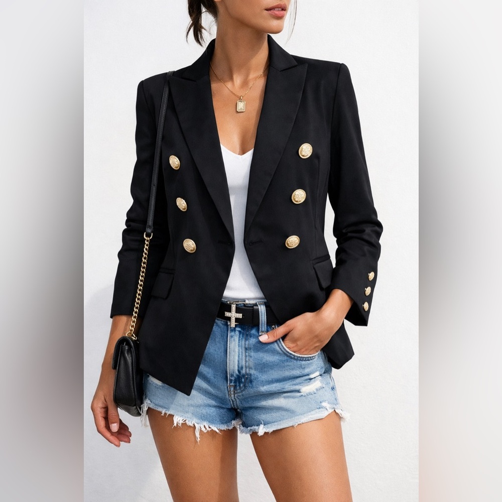 SUNTIFY || Black Lightweight Military-Style Satin Blazer. Sz. S
